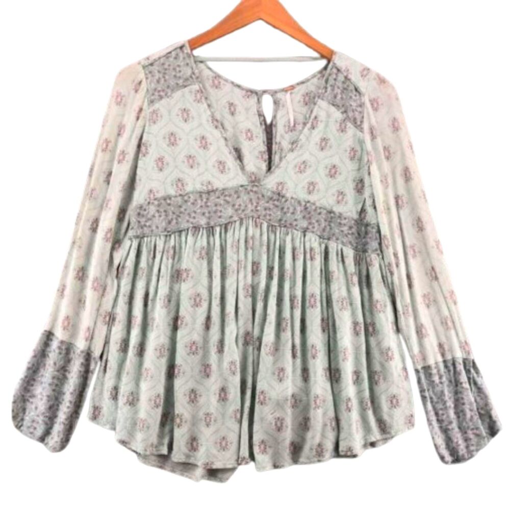 Free People Top Womens Medium Rolling Hills Green Floral Tunic Long Bell Sleeve